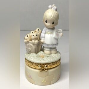 Precious Moments "God Loveth A Cheerful Giver" pill box with puppies for sale